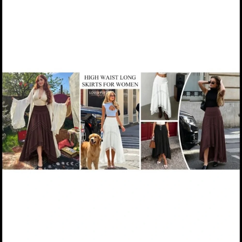 Women's Boho Maxi Skirt High Waist Smocked A-Line Flowy Long Skirt